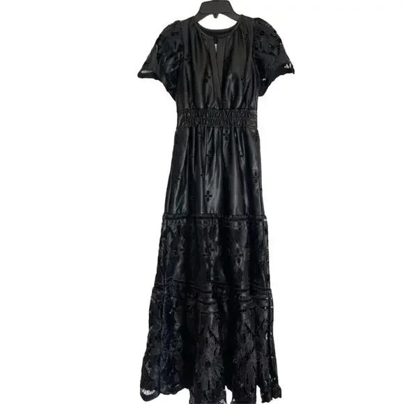 NWT Anthropologie The Somerset Maxi Dress: Faux Leather Embroidered BLACK XS